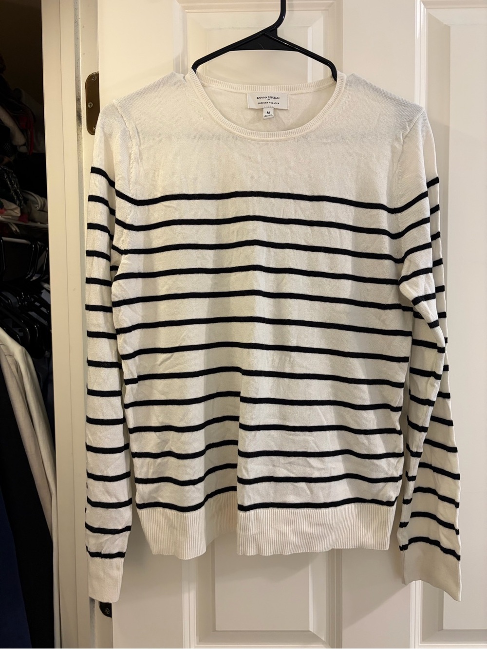 Banana Republic Factory White and Black Striped Crewneck Sweater